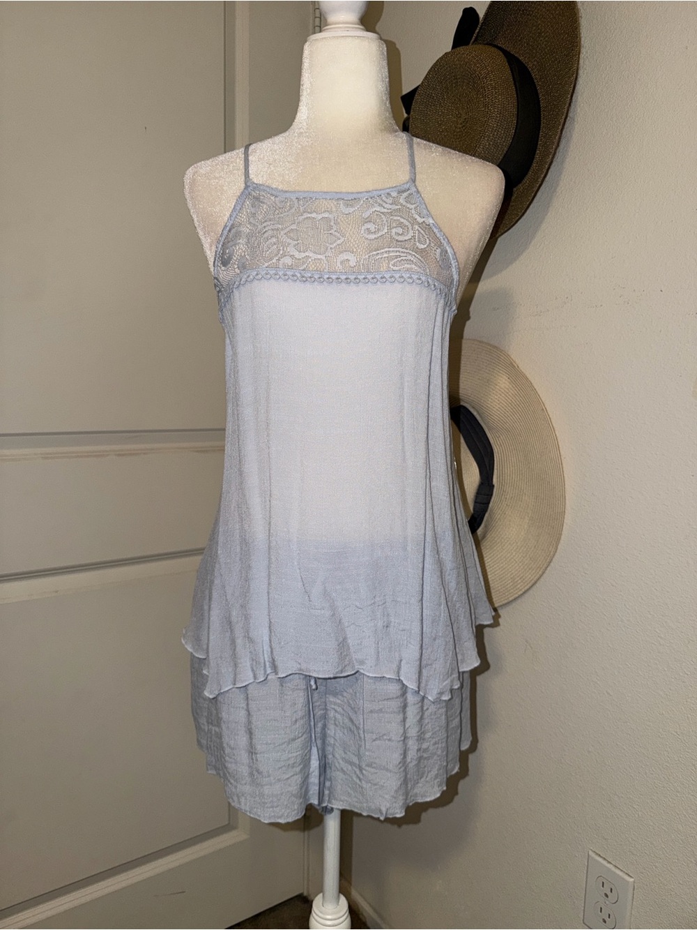 NWT Light Blue Lace Yoke Tank top and shorts sleepwear
